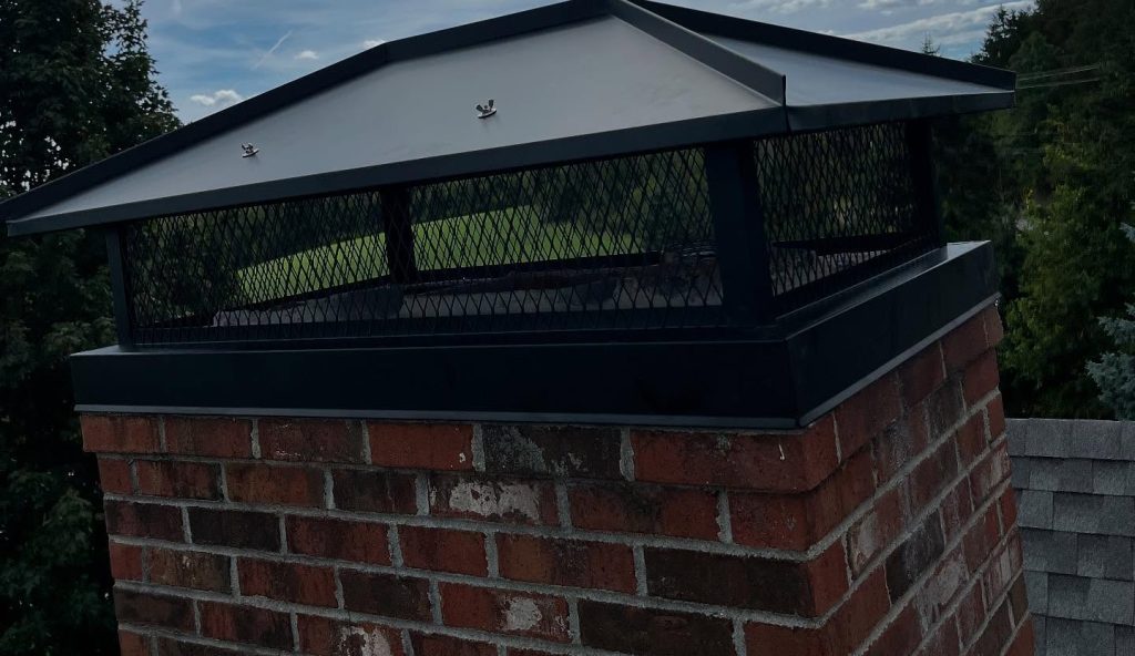 A brick chimney topped with a black metal chimney cap and mesh, set against a backdrop of lush green trees and a cloudy blue sky.