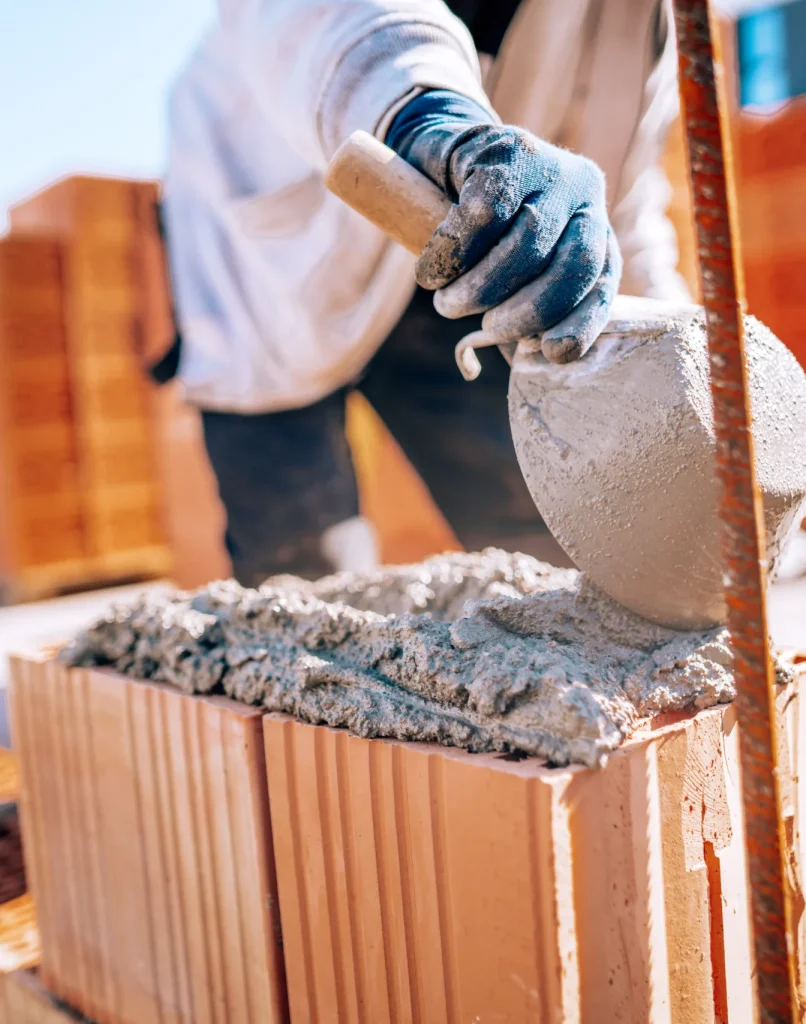 Close-up of a construction worker applying cement between bricks with a trowel. The worker wears gloves, conveying focus and precision.