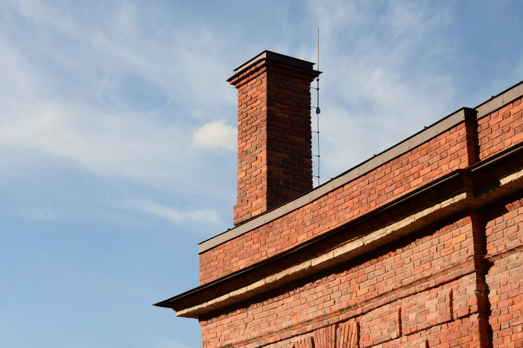 A tall brick chimney against a clear blue sky, on a sunlit red brick building. The structure conveys a sense of stability and warmth.