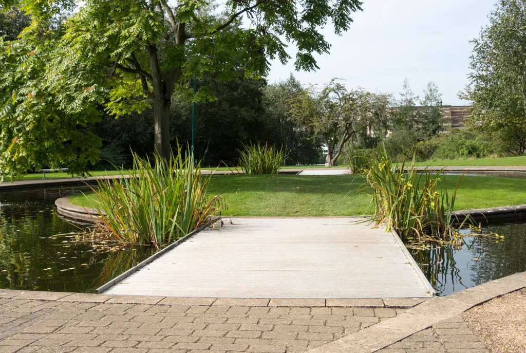 A serene park scene with a small concrete path over a pond, bordered by tall grasses. Greenery surrounds, creating a calm, natural atmosphere.